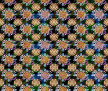 Raster illüstrasyonu. Suluboya, elle çizilmiş. Kahverengi ve mavi renkte yaprakları olan yabani çiçekler. Kusursuz arkaplan deseni.