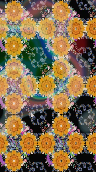 Raster illüstrasyonu. Patlayan çiçekler soyut olarak yerleştirilmiş. Nazikçe, sarı renkte bahar çiçekleri. Raster deseni.