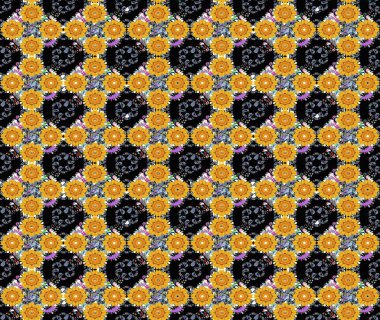 Renkli Bahar Teması eskiz kalıbı. Raster illüstrasyonu. Çiçek desenli çizim. Asya tekstil tarzında. Düz Çiçek Elementleri Tasarımı. Sarı renkte çiçekler.