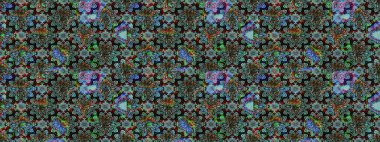 Desen, çizim, çiçek sınırı. Eski moda arka plan. Güzel, parlak, pürüzsüz kumaş, tuval. Kıvırcık, parlak örgü. Raster illüstrasyonu. Çiçeklerin çelengi.