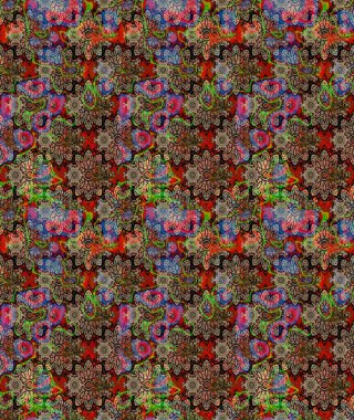 Kahverengi üzerine kahverengi. El çizimi çiçek unsurları olan soyut çizim raster deseni. Retro tekstil tasarım koleksiyonu. 1950-1960 motifleri. Çiçekli ipek eşarp..