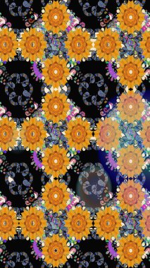 Raster Modaya uygun kumaş deseni. Siyah renkli şirin çiçek deseni. Renkli Bahar Teması eskiz kalıbı. Düz Çiçek Elementleri Tasarımı.