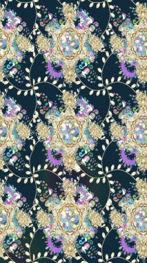 Patlayan çiçekler soyut olarak yerleştirilmiş. Yumuşak, mavi renkte bahar çiçekleri. Raster illüstrasyonu. Raster deseni.