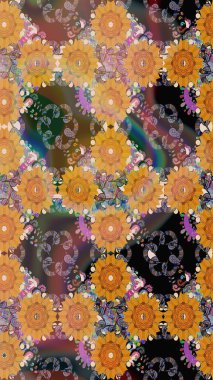 Kahverengi renkli çiçekler. Raster illüstrasyonu. Çiçek desenli çizim. Asya tekstil tarzında. Raster illüstrasyonu.