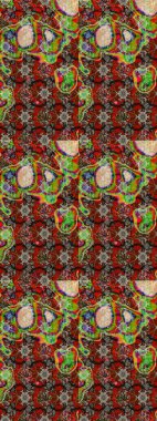 Suluboya elle çizilmiş çiçek desenli eskiz deseni. Parlak renkli fantezi çiçekleri, yapraklar, kahverengi renkli tomurcuklar, kahverengi.