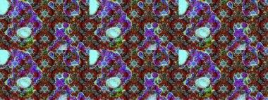 Raster illüstrasyonu. Renkli desenli eskiz deseni, mavi çiçekler ve dekoratif elementlerle. Eski usul. Eskiz geçmişi. Kumaş, tekstil ve duvar kağıdı baskısı için..