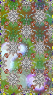 Küçük çiçekteki sevimli çiçek deseni. Raster illüstrasyonu. Yeşil ve gri renkte çiçekler.