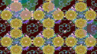 Düz Çiçek Elementleri Tasarımı. Renkli Yaz Temalı eskiz kalıbı. Raster illüstrasyonundaki çiçek desenli çizim. Kahverengi renkte çiçekler.