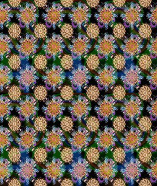 Raster illüstrasyonu. Suluboya, elle çizilmiş. Kahverengi ve mavi renkte yaprakları olan yabani çiçekler. Kusursuz arkaplan deseni.