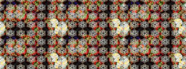 Raster illüstrasyonu. Çiçek desenli çizim. Siyah renkli çiçekler. Asya tekstil tarzında. Düz Çiçek Elementleri Tasarımı. Renkli Bahar Teması çizim şablonu.