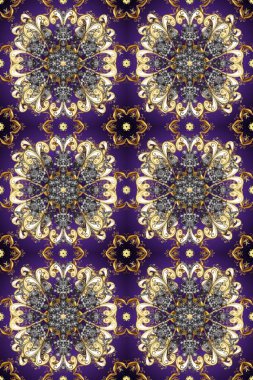 Çiçek deseni. Kusursuz raster arka plan. Mor, gri ve bej renklerde altın elementler. Şık bir grafik desen. Duvar kâğıdı barok, İspanyol kumaşı.