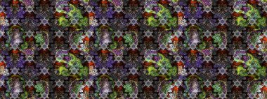 Modern çiçek arkaplanı. Parlak renkli çiçekleri ve gri renkli yaprakları olan harika bir çiçek deseni. Moda baskıları için zarif bir şablon. Halk stili.