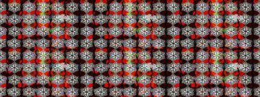 Eski usul. Eskiz geçmişi. Raster illüstrasyonu. Renkli desenli eskiz deseni, siyah çiçekler ve dekoratif elementlerle. Kumaş, tekstil ve duvar kağıdı baskısı için..