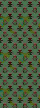 Raster illüstrasyonu. Raster illüstrasyonu. Asya tekstil tarzında. Çiçek desenli çizim. Yeşil renkte çiçekler.