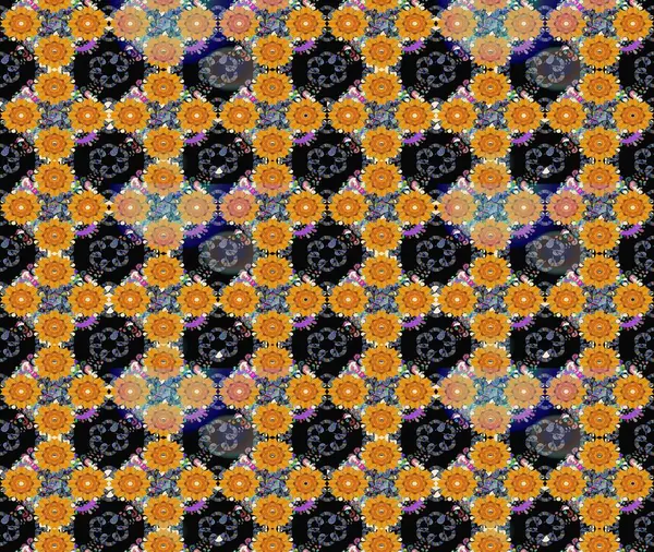 Düz Çiçek Elementleri Tasarımı. Raster Modaya uygun kumaş deseni. Siyah renkli şirin çiçek deseni. Renkli Bahar Teması çizim şablonu.