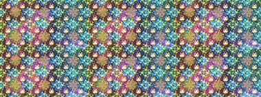 Suluboya elle çizilmiş çiçek desenli eskiz deseni. Parlak renkli fantezi çiçekleri, yapraklar, mavi renkli tomurcuklar.