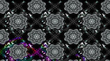 Varicoloblack Raster çizimi. Bir sürü siyah ve soyut çiçekli tropik eskiz deseni. Küçük çiçekte sevimli çiçek deseni var..