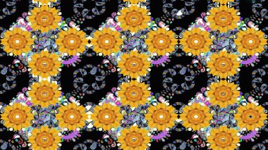 Renkli Bahar Teması eskiz kalıbı. Düz Çiçek Elementleri Tasarımı. Asya tekstil tarzında. Sarı renkli çiçekler. Çiçek desenli çizim. Raster illüstrasyonu.