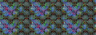 Şirin çiçekli eskiz deseni ve mavi renkli yapraklar, suluboya çiçek deseni, duvar kağıdı, kart veya kumaş için fayanslı. Raster illüstrasyonu.