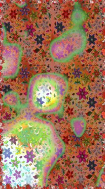 Raster illüstrasyonu. Kahverengi ve yeşil renklerde zarif çiçekli suluboya. Renkli Bahar Temalı Kusursuz Arkaplan. Düz Çiçek Elementleri Tasarımı.