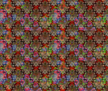 Kahverengi üzerine kahverengi. El çizimi çiçek unsurları olan soyut çizim raster deseni. Retro tekstil tasarım koleksiyonu. 1950-1960 motifleri. Çiçekli ipek eşarp..