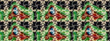 Raster deseni. Patlayan çiçekler soyut olarak yerleştirilmiş. Yumuşak, bahar çiçekleri siyah renklerde. Raster illüstrasyonu.