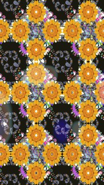 Düz Çiçek Elementleri Tasarımı. Raster Illustrasyon 'daki Çiçek Deseni' nin son moda çizimi. Renkli Yaz Temalı eskiz kalıbı. Gri renkli çiçekler.