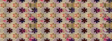 Raster illüstrasyonu. Bej ve gri renkli Asya tekstili. Çiçek desenini çiz.