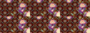 Üzerinde gelincikler ve vadi zambakları olan renkli çiçek desenli nakış deseni. Tekstil tasarımı için kahverengi renkli geleneksel halk çiçekleri buketi.