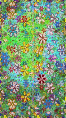 Yumuşak, yaz çiçekli arka plan. Çiçekli karalama şeklinde Raster çiçek deseni. Yeşil ve mavi renkte çiçekler.