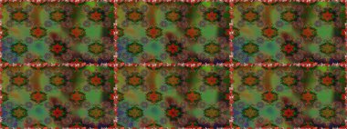 Çiçekli karalama şeklinde Raster çiçek deseni. Raster illüstrasyonu. Yeşil ve kahverengi renklerde bahar çiçekleri..