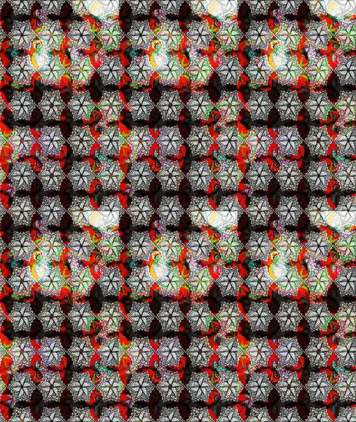 Çiçek desenli çizim. Asya tekstil tarzında. Raster illüstrasyonu. Raster illüstrasyonu. Siyah renkte çiçekler.