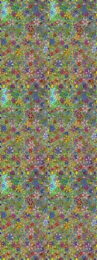 Kusursuz bir geçmişi var. Renkli desenli, yeşil ve nötr çiçekli ve dekoratif elementli kusursuz desen. Kumaş, tekstil, duvar kağıdı baskısı için. Eski usul. Raster illüstrasyonu.