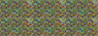 Çok yeşil ve kahverengi zarif küçük çiçekler ve yeşil ve kahverengi renkli komik böcekler, raster desen, illüstrasyon.