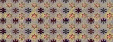 Çiçeksel çizim kalıbının yansıması. Vadinin gri ve bej renkli çiçekleri.