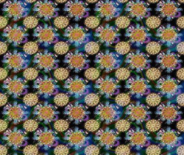 Küçük çiçekteki sevimli çiçek deseni. Bir sürü mavi ve bej soyut çiçekli tropik, pürüzsüz desen. Varicoloblue ve bej raster dikişsiz illüstrasyon.