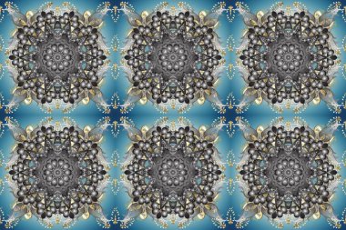 Raster oryantal süs. Tarafsız, mavi ve gri renklerdeki altın desenli altın elementler. Geleneksel klasik altın desen. Barok tarzında kusursuz bir doğulu süsü..
