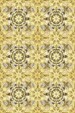 Geleneksel Arap dekoru bej sarısı. Duvar kâğıdı için altın süslü bir illüstrasyon. Çiçekli süslemeli, pürüzsüz bir desen. Doğu tarzında klasik tasarım öğesi. Süslü dantel iz sürücü