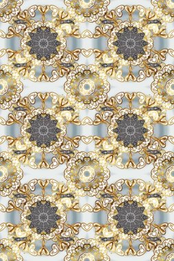 Raster illüstrasyonu. Tekrarlayan elementlerle soyut arkaplan oluşturun. Kusursuz damaske klasik altın desen. Gri, bej ve nötr renklerdeki altın pürüzsüz desen altın elementlerle.