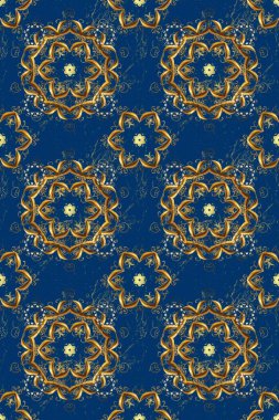 Klasik çiçek dokusu. Raster illüstrasyonu. Kusursuz desenli altın elementler. Kart, duvar kağıdı, ambalaj ve tekstil için klasik tasarım. Altın şablon. Mavi ve kahverengi renklerin kraliyet retro 'su.