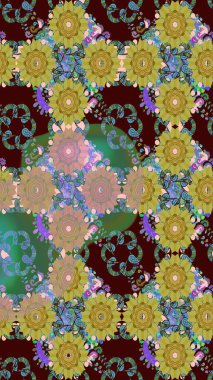 Çiçeksel elementlerle süslenmiş zarif raster dokusu. Kahverengi renkler ve parlak çiçekler üzerine soyut çizim deseni. Küçük çiçekte şirin bir çiçek deseni var..