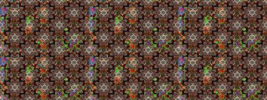 Kahverengi üzerine kahverengi. Retro tekstil tasarım koleksiyonu. 1950-1960 motifleri. Çiçekli ipek eşarp. El çizimi çiçek elementleri ile soyut çizim raster deseni.