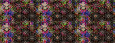 Modern çiçek arkaplanı. Parlak renkli çiçekli ve siyah yapraklı harika bir çiçek deseni. Moda baskıları için zarif bir şablon. Halk stili.