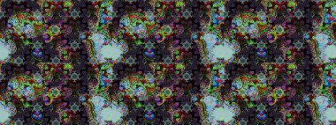 Tekstil için suluboya eskiz deseni. Şirin çiçekli, desenli, siyah renkli renkli bir eskiz. El çizimi çiçek çizimi deseni (fayans)).