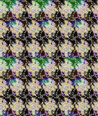 Tarafsız renklerde çok renkli, zarif küçük çiçekler ve komik böcekler, raster deseni, illüstrasyon.