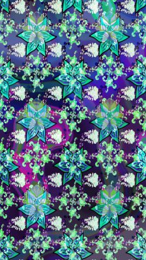 Çiçekleri, deniz kabukları, mandalaları ve suluboya efektleriyle donanma geçmişi. Eskiz modeli etnik tasarım. Yatak çarşafları, ceket, paket tasarımı, kumaş ve moda kavramları için tekstil baskısı.