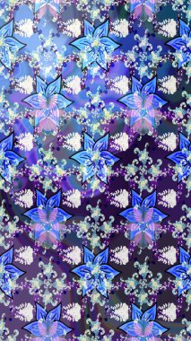 Raster illüstrasyonu. Mavi renklerde. 3D çiçekler, çizim.