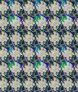 Raster Floral Illustration, Asyalı tekstil. Mavi renkli etnik çiçeklerle zarif eskiz deseni.