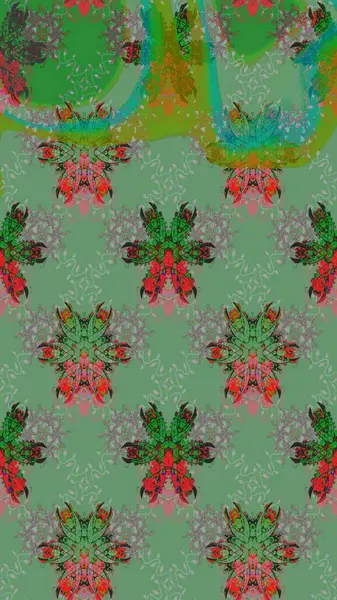 Yaz çiçekleri teması. El çizimi, soyut ve süslü elementler. Suluboya resim taklit Raster çizimi. Klasik çiçekler. Yeşil renkler.