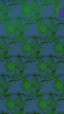 Dallı bahar çiçekleriyle desen, mavi renklerle çiçek siluetiyle desen. Raster deseni.